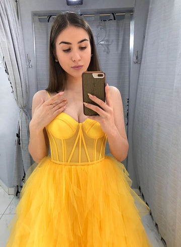 Yellow tulle long prom dress evening dress HZ1023